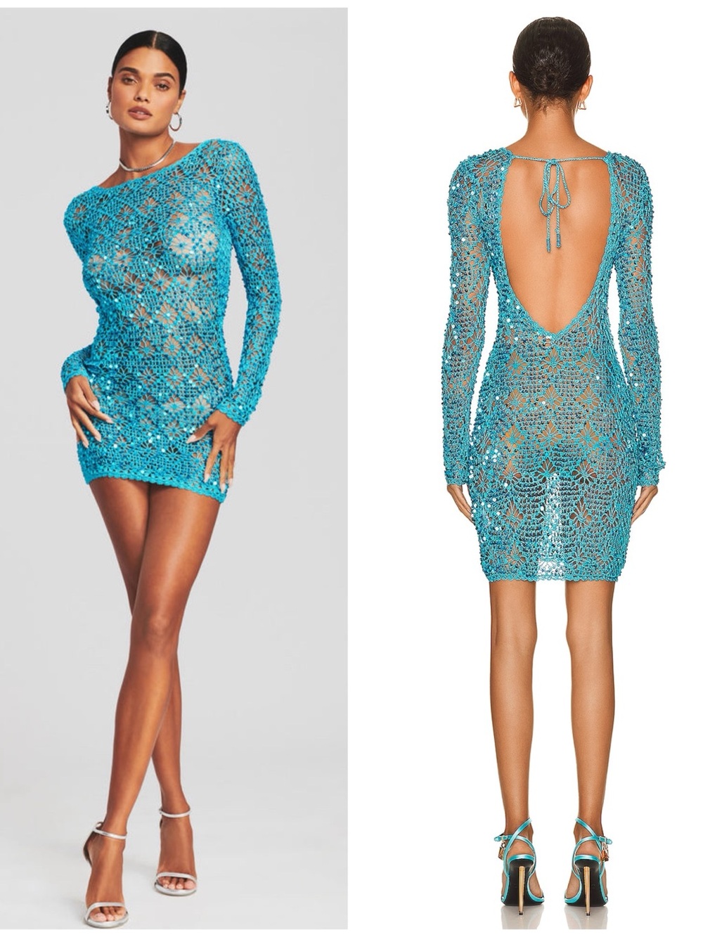 Retrofete Mira Blue Atoll Sequin Crochet Mini Short Dress Size M/L